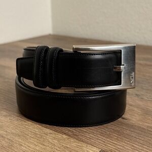 Tumi Leather Dress Belt Silver Buckle Black Mens Size 36 Handcrafted